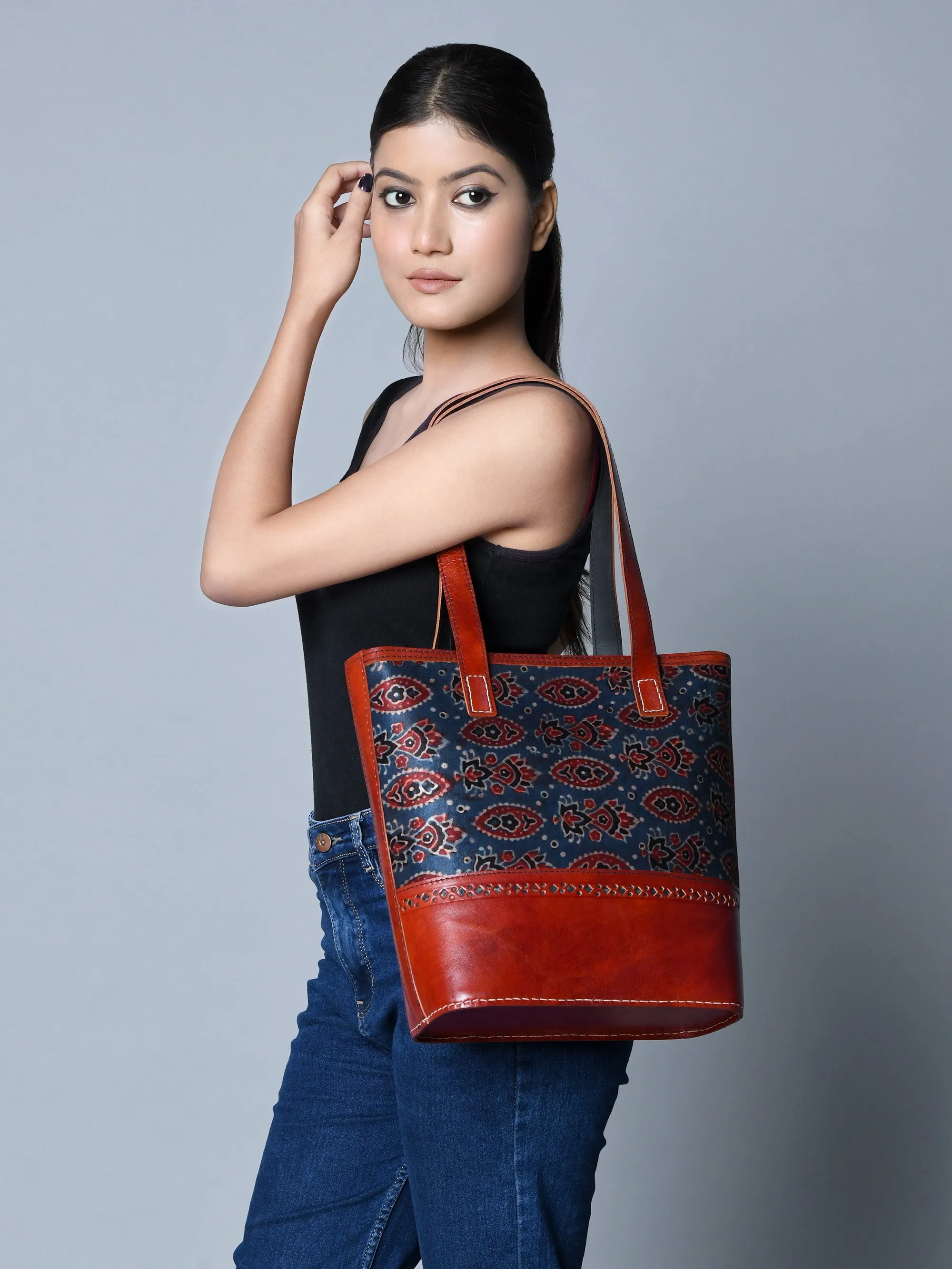 Neela Ajrakh Leather Tote Bag