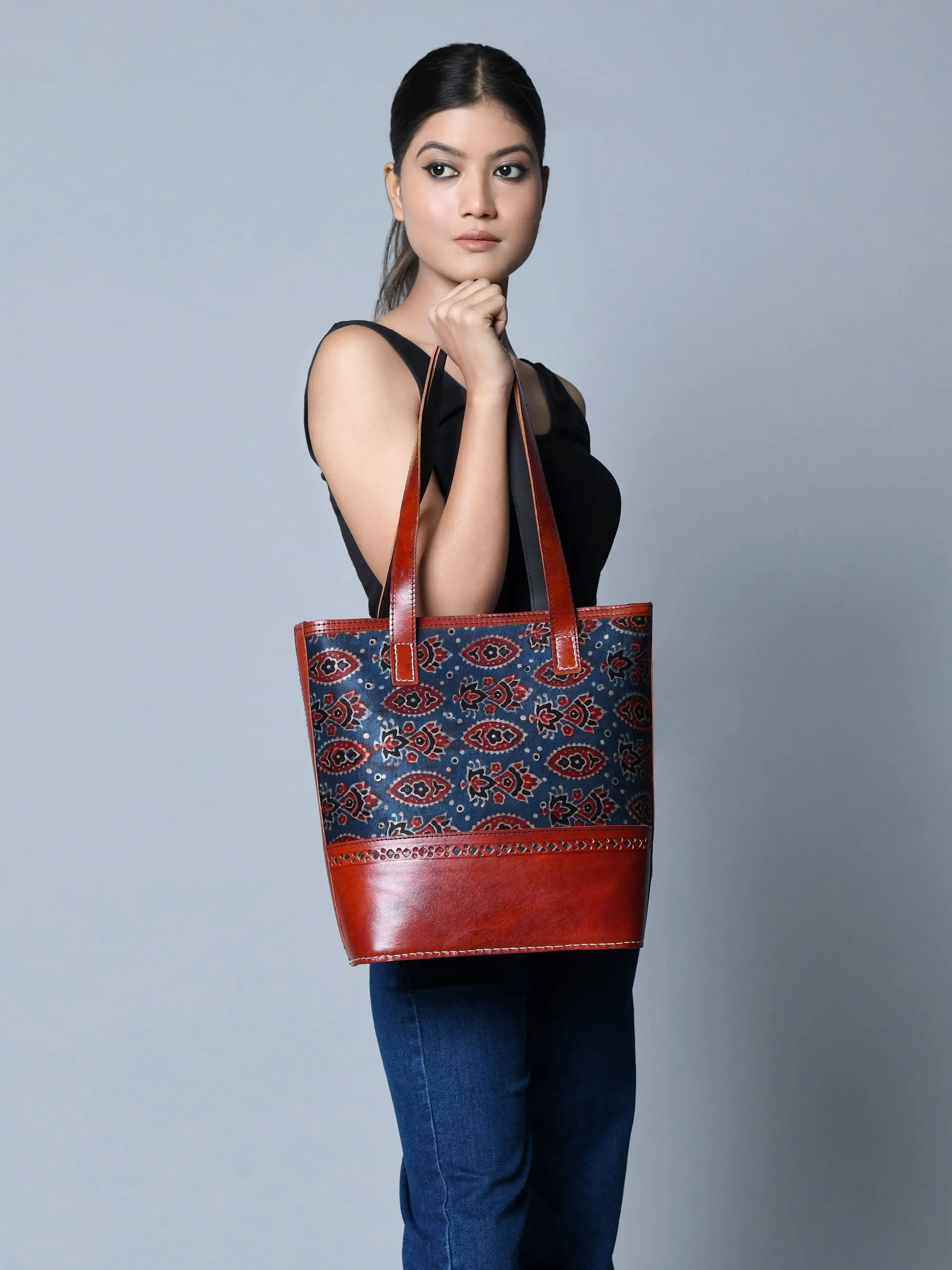 Neela Ajrakh Leather Tote Bag