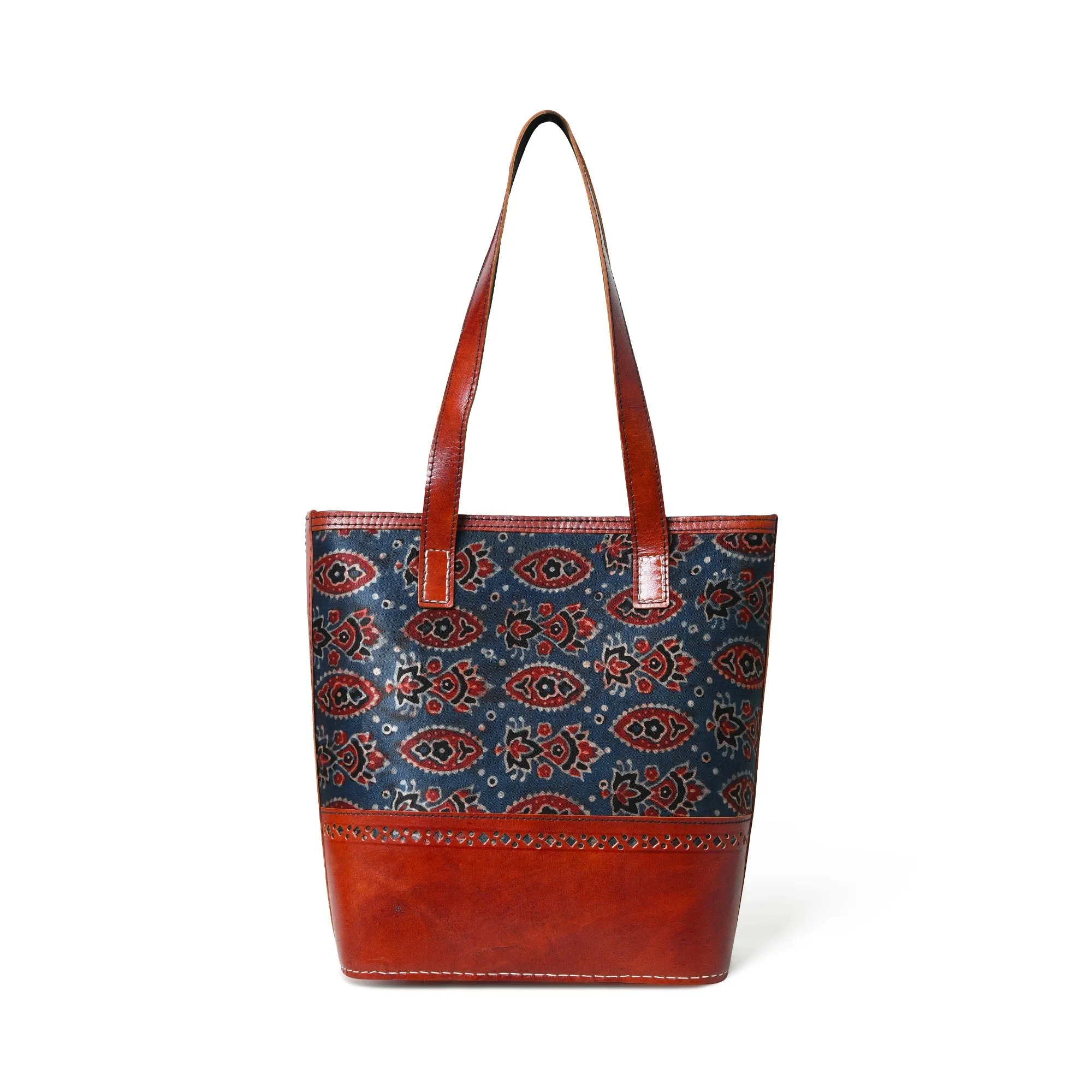 Neela Ajrakh Leather Tote Bag