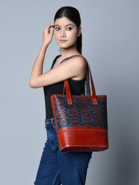 Neela Ajrakh Leather Tote Bag