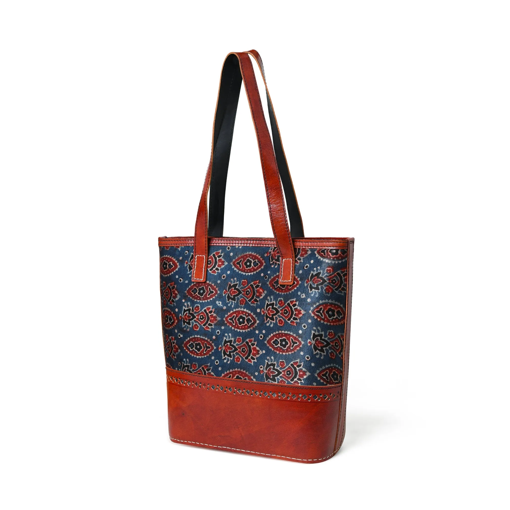 Neela Ajrakh Leather Tote Bag