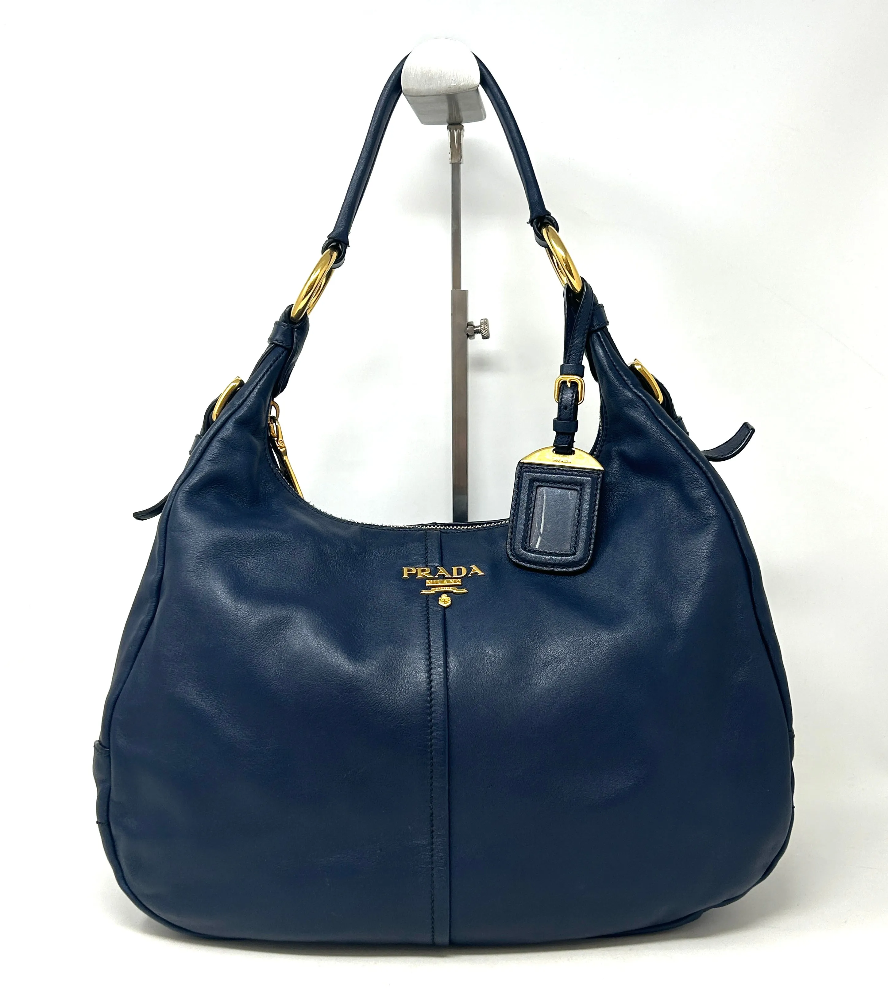 Prada Sacca Navy Blue Soft Calf Leather Hobo Shoulder Bag