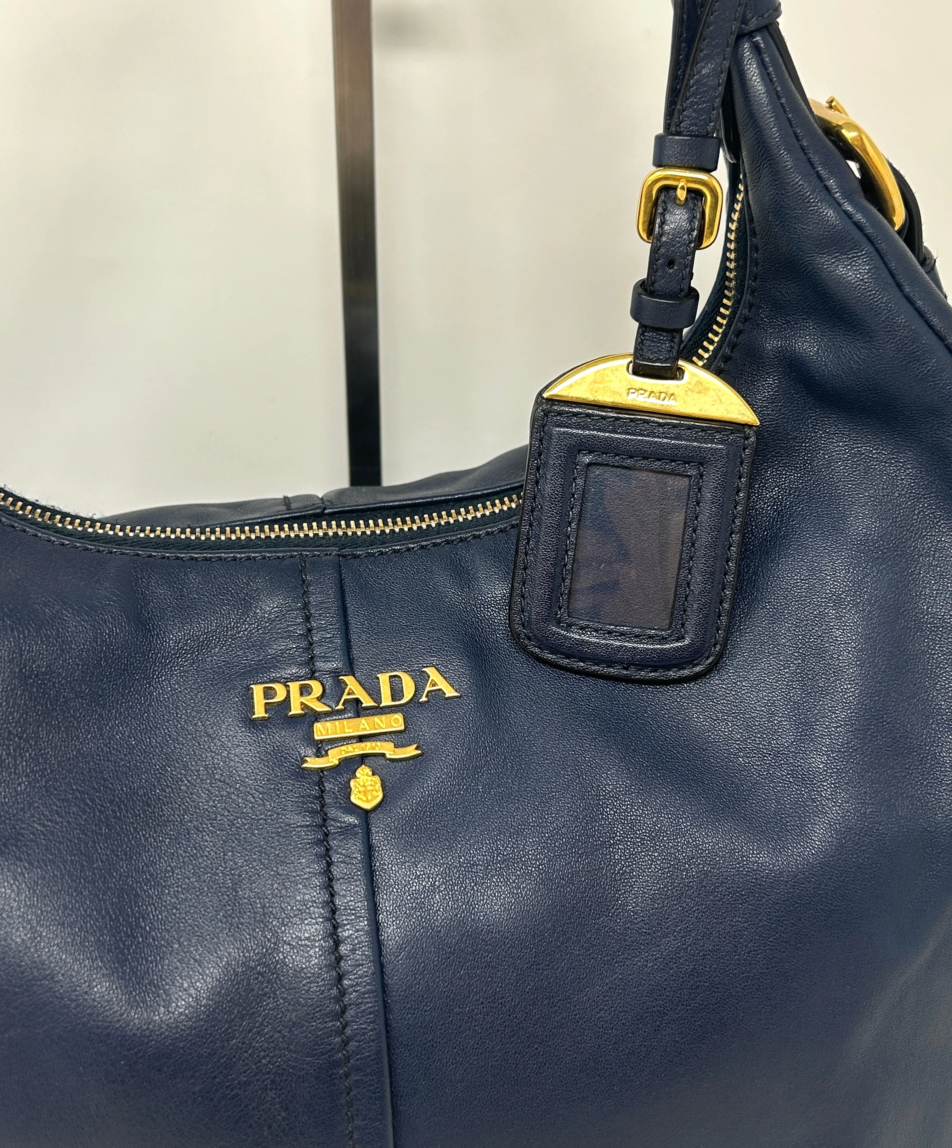 Prada Sacca Navy Blue Soft Calf Leather Hobo Shoulder Bag