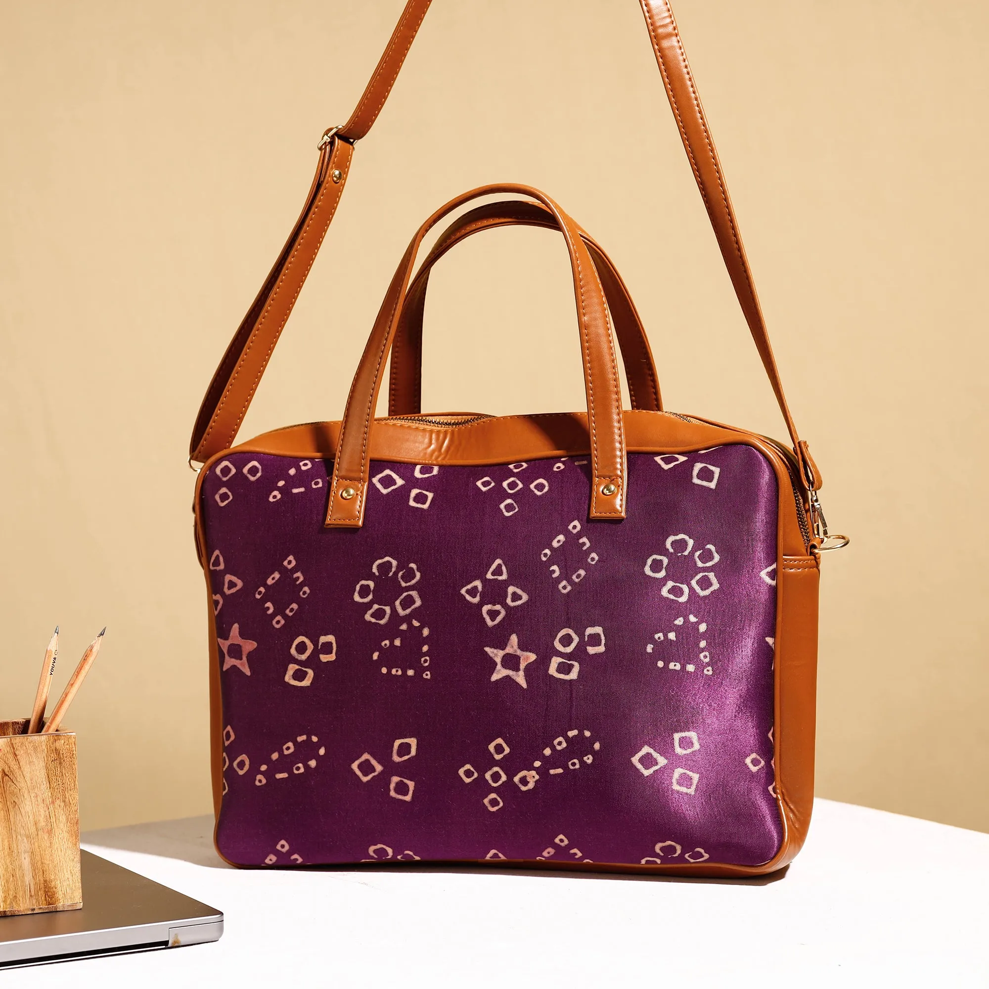 Purple - Handcrafted Ajrakh Block Printed Modal Silk Laptop Bag (15 x 13 in)