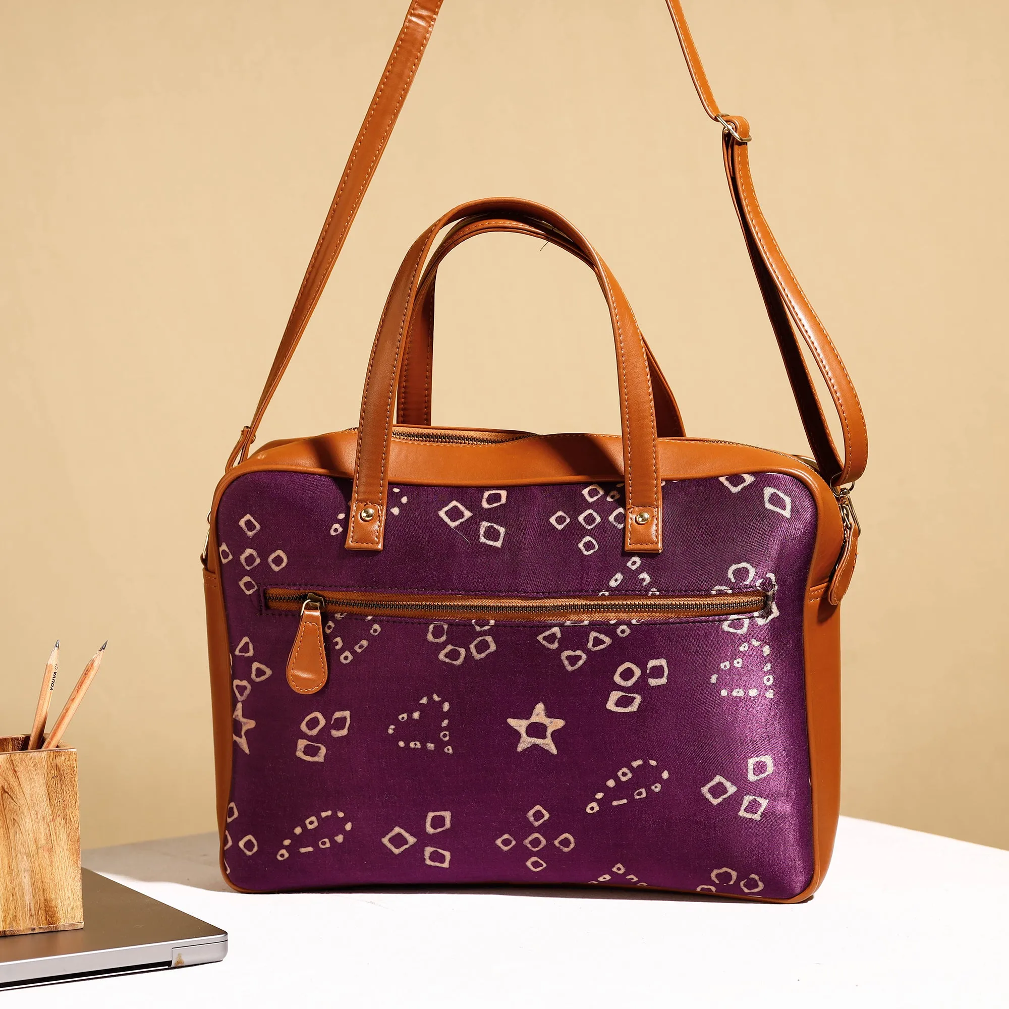 Purple - Handcrafted Ajrakh Block Printed Modal Silk Laptop Bag (15 x 13 in)