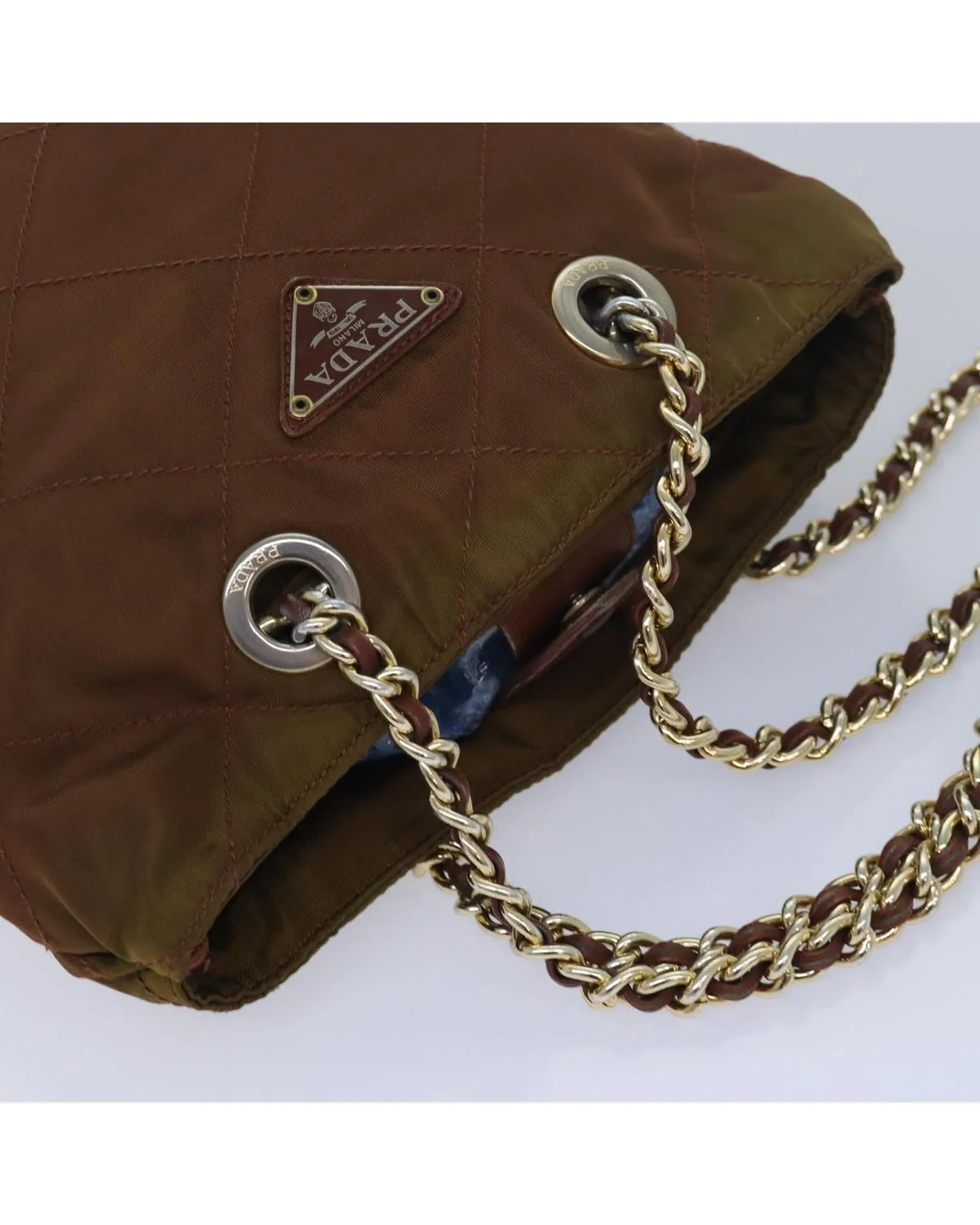 Quilted Nylon Chain Shoulder Bag with Brown Hue