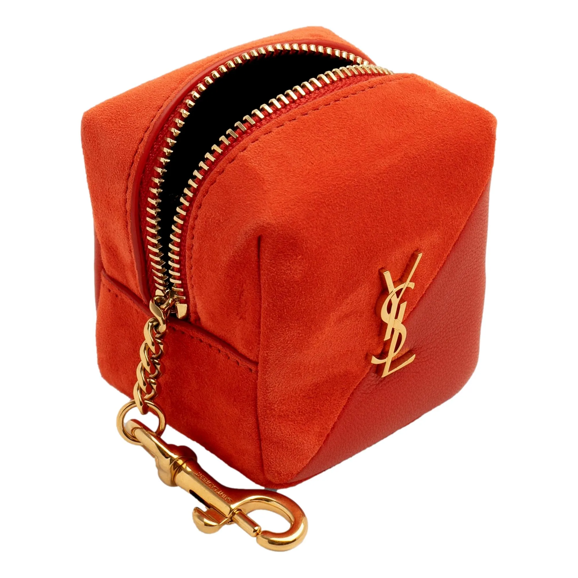 Saint Laurent Jamie YSL Keyring Cube Orange Suede Leather