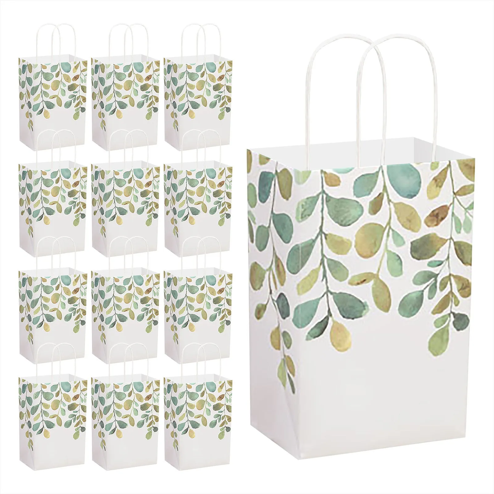 Spring Greenery Watercolor Green Leaf Paper Gift Bags and Party Favor Bags, 5.25"x3.5"x8.25" (12 Pack)