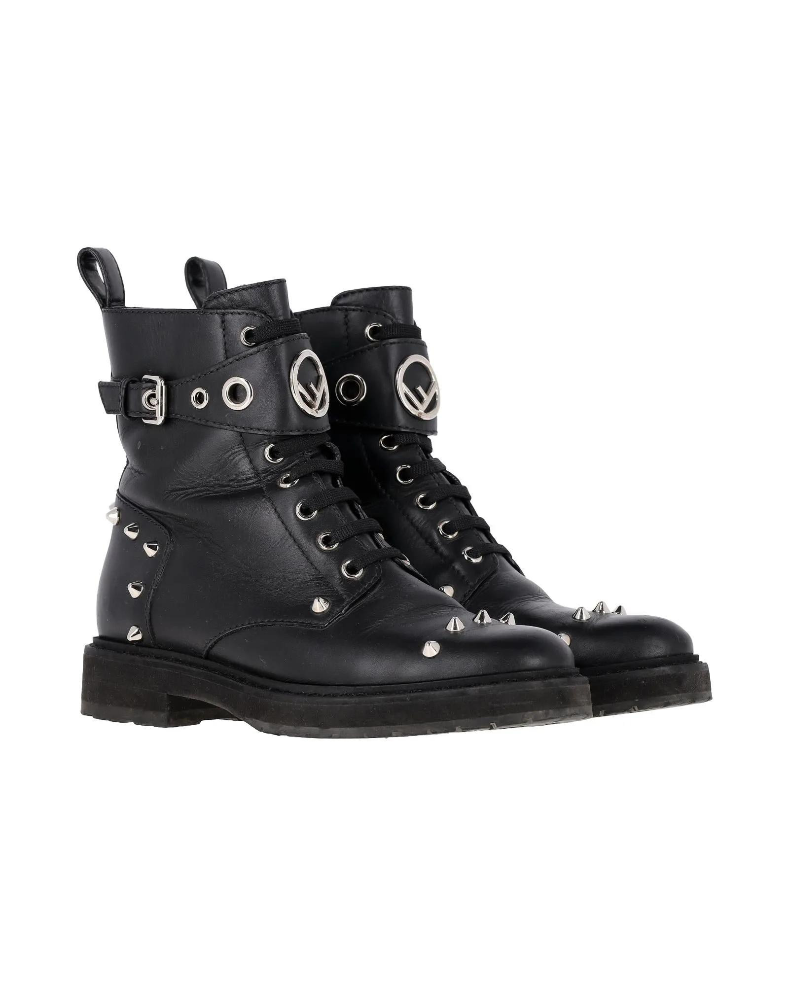 Studded Black Leather Biker Boots with FF Logo by Fendi