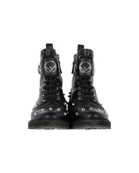 Studded Black Leather Biker Boots with FF Logo by Fendi