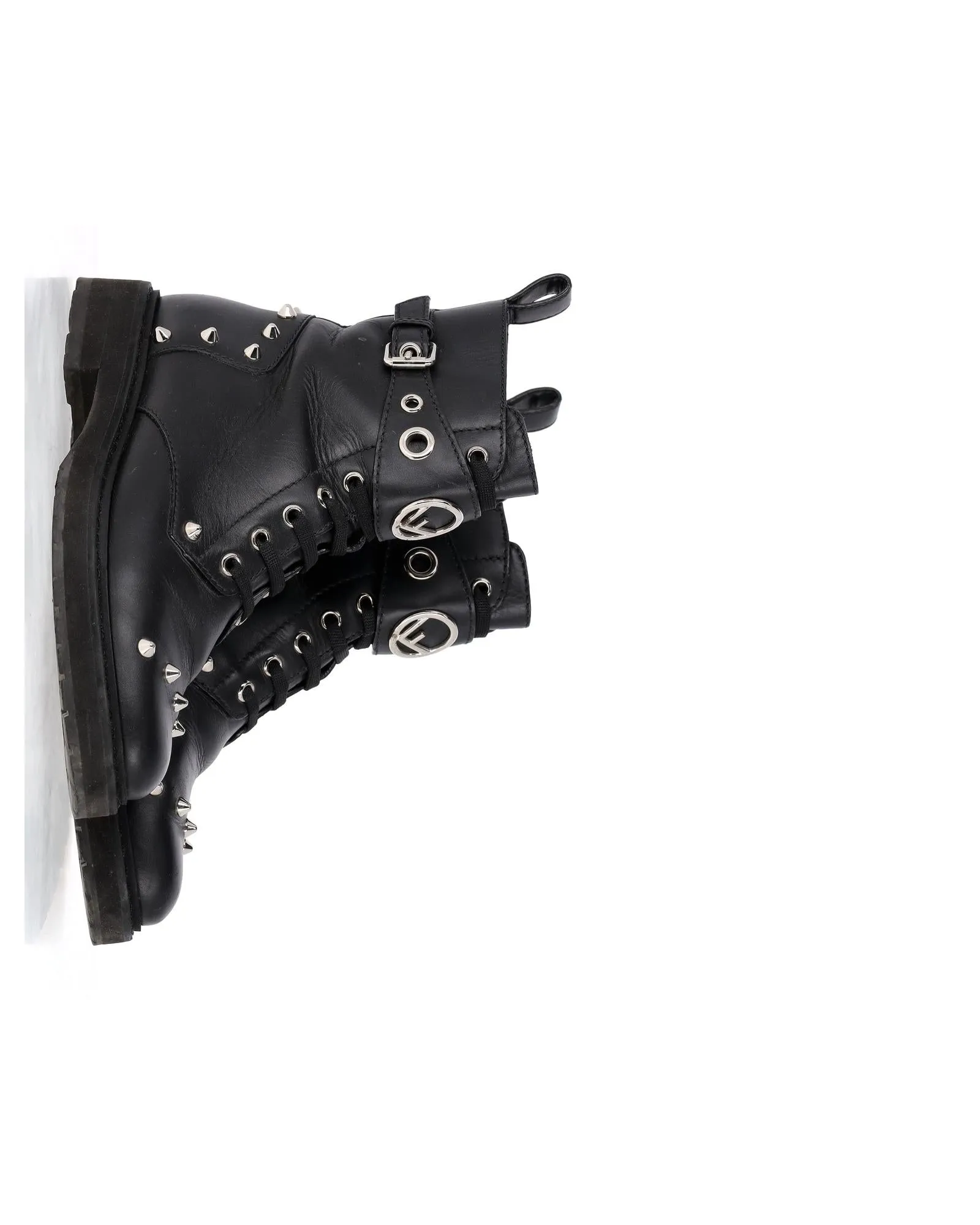 Studded Black Leather Biker Boots with FF Logo by Fendi