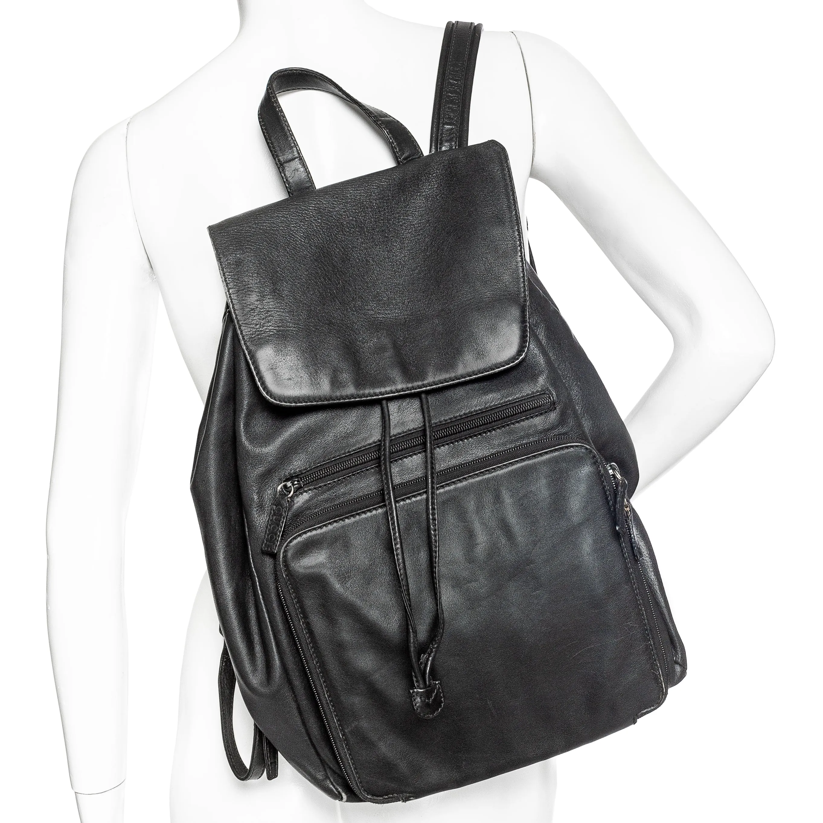 Vintage Black Leather Drawstring Backpack