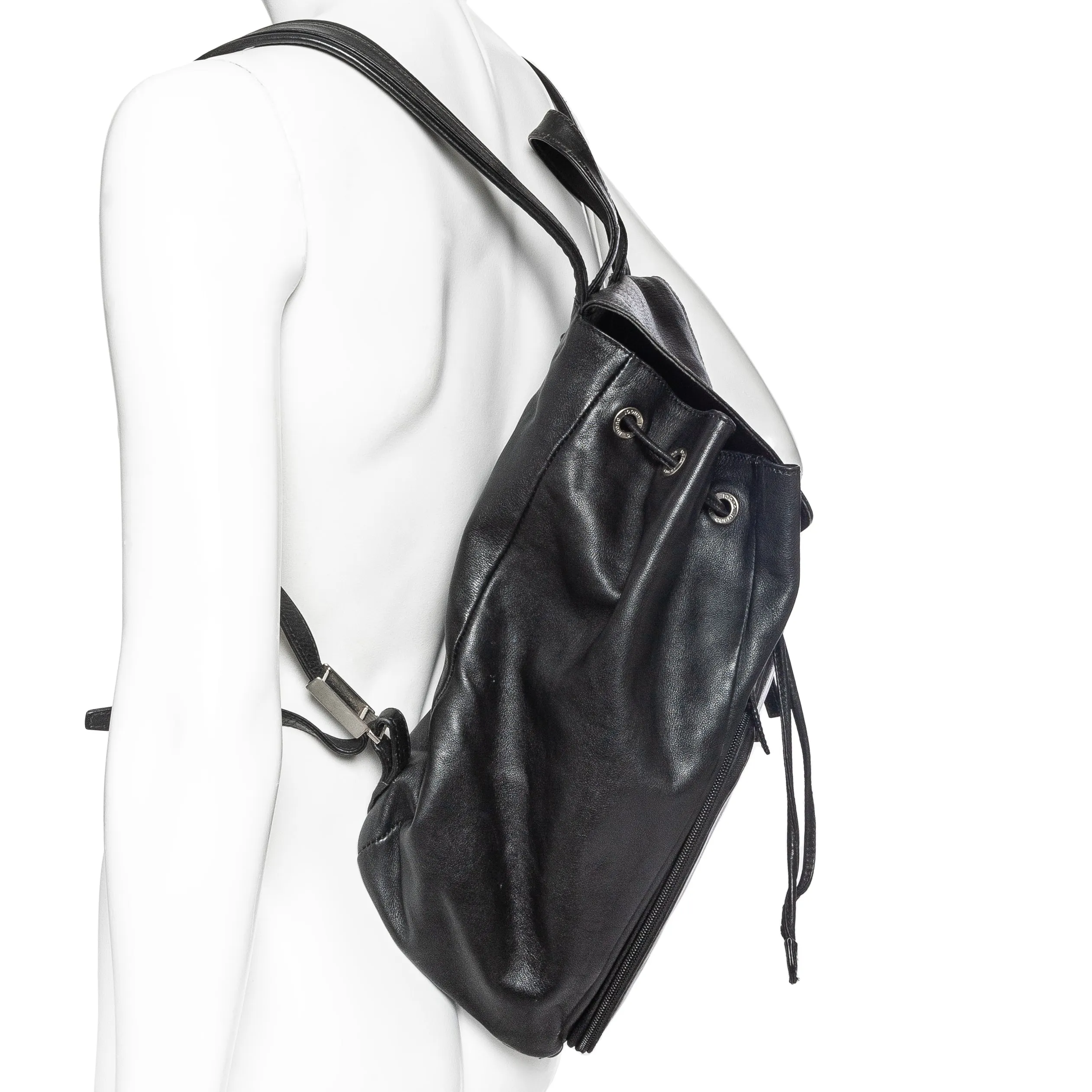 Vintage Black Leather Drawstring Backpack