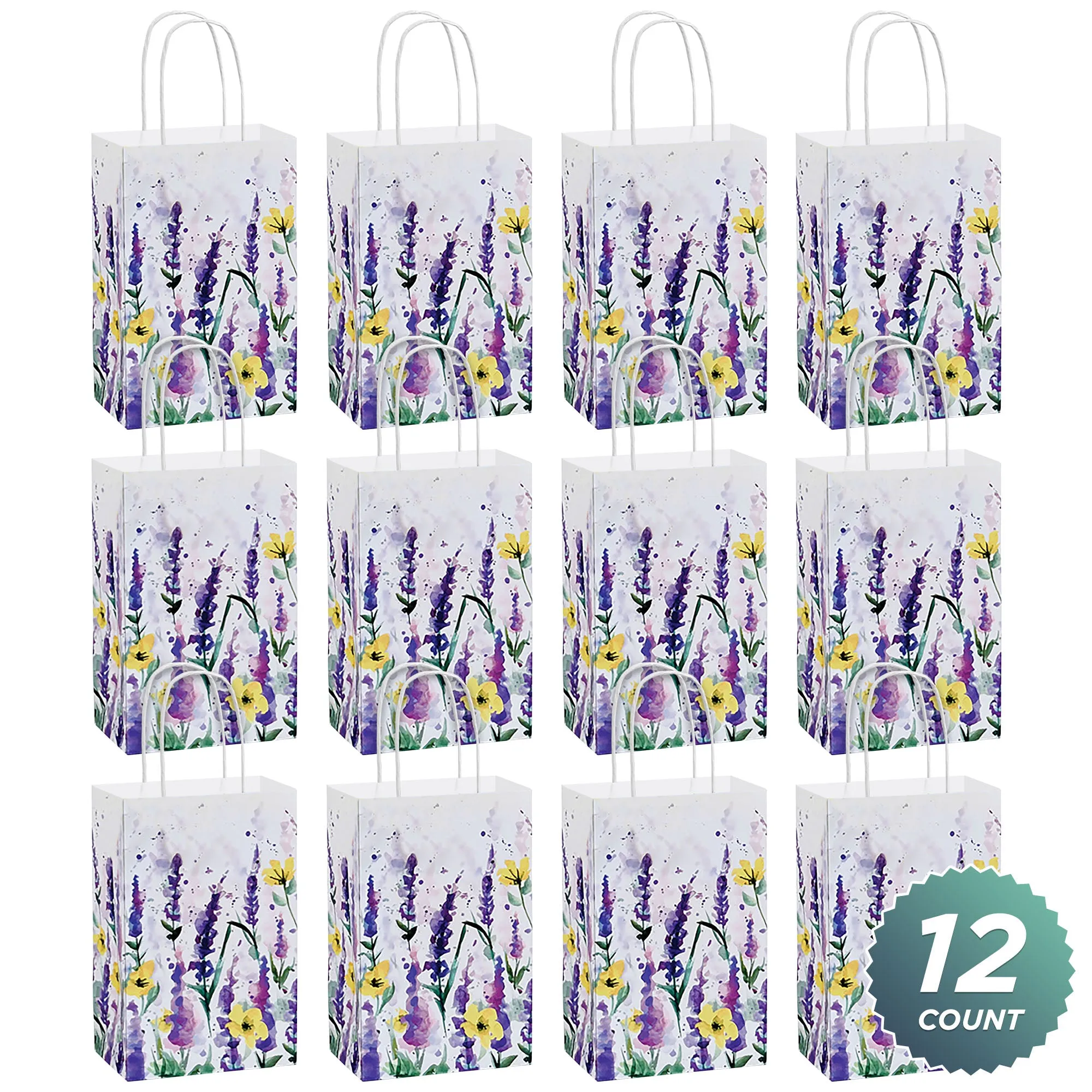 Watercolor Lavender Floral Print Paper Gift Bags and Party Favor Bags, Small 5.25x3.5x8.25" (12 Pack)