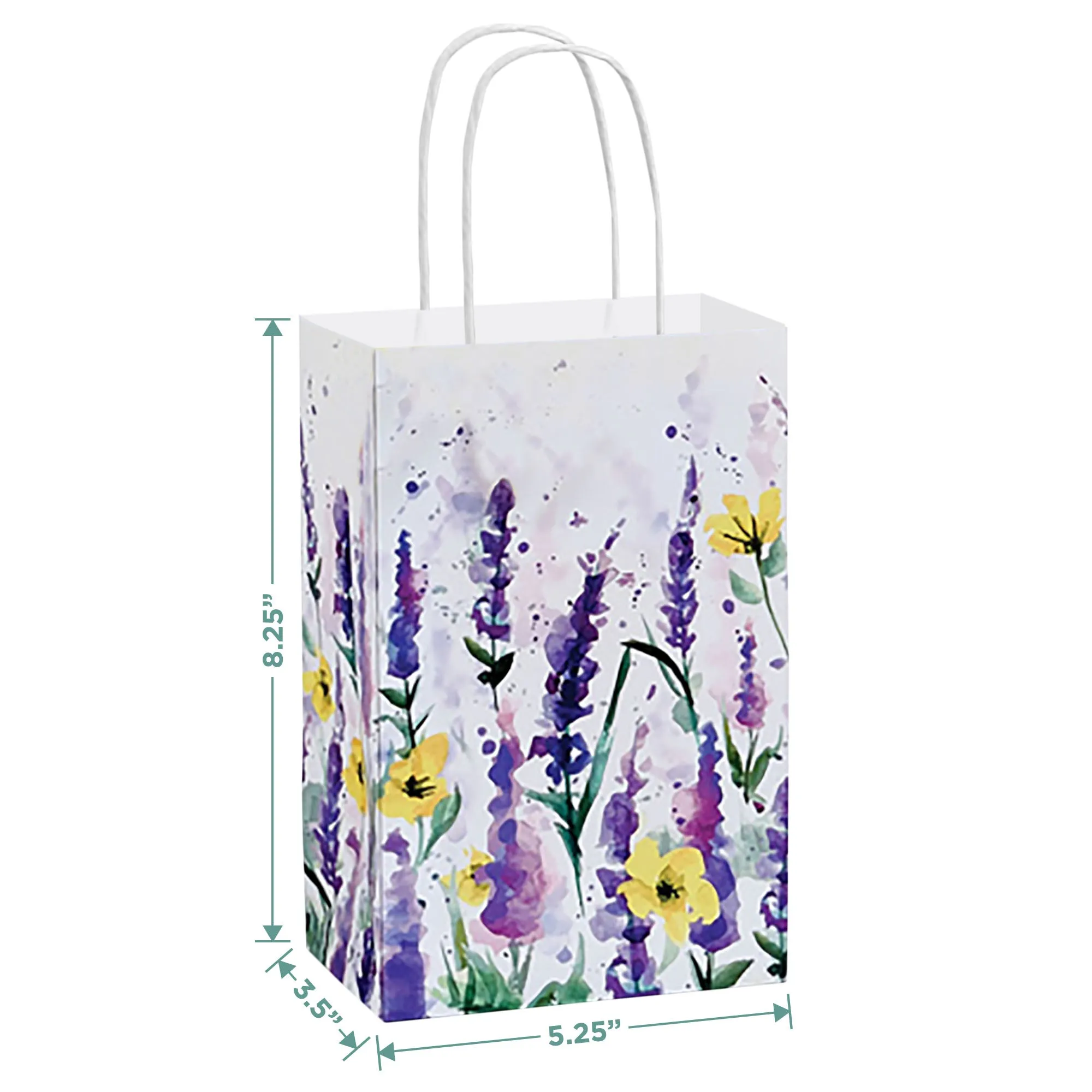 Watercolor Lavender Floral Print Paper Gift Bags and Party Favor Bags, Small 5.25x3.5x8.25" (12 Pack)