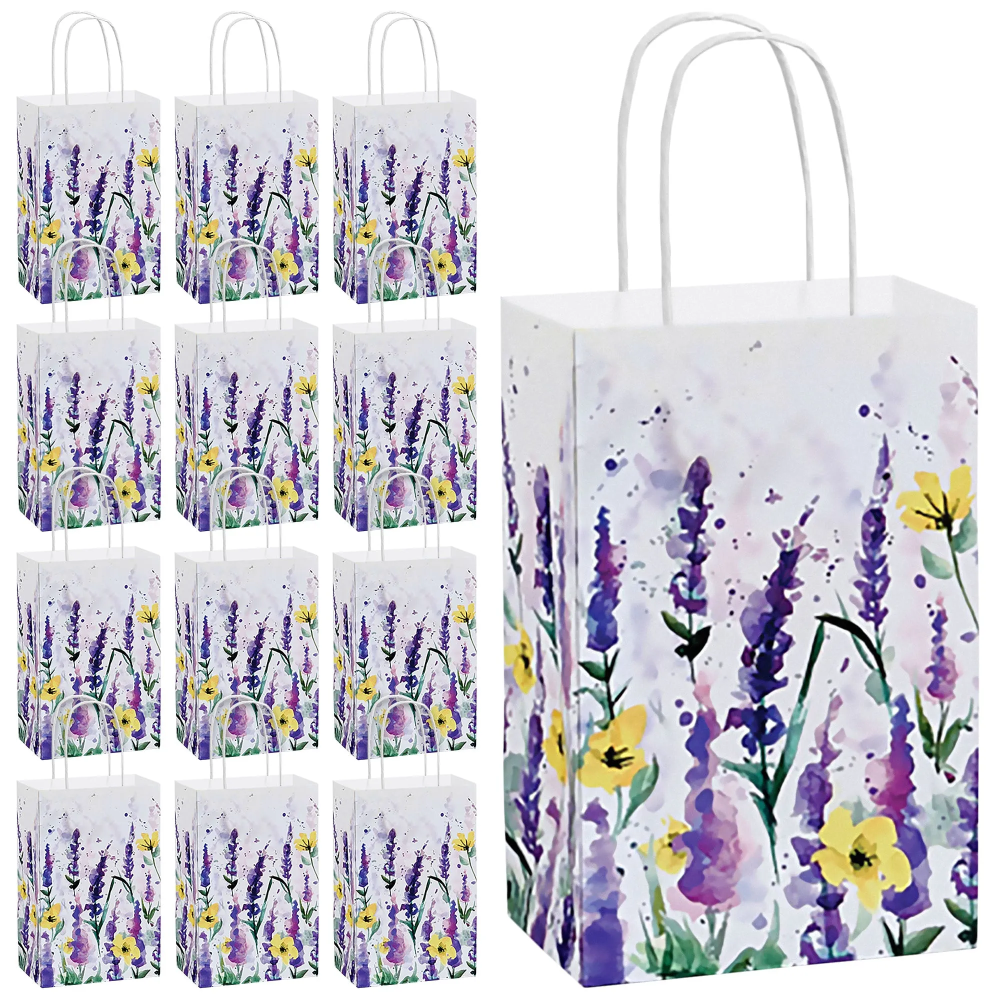 Watercolor Lavender Floral Print Paper Gift Bags and Party Favor Bags, Small 5.25x3.5x8.25" (12 Pack)