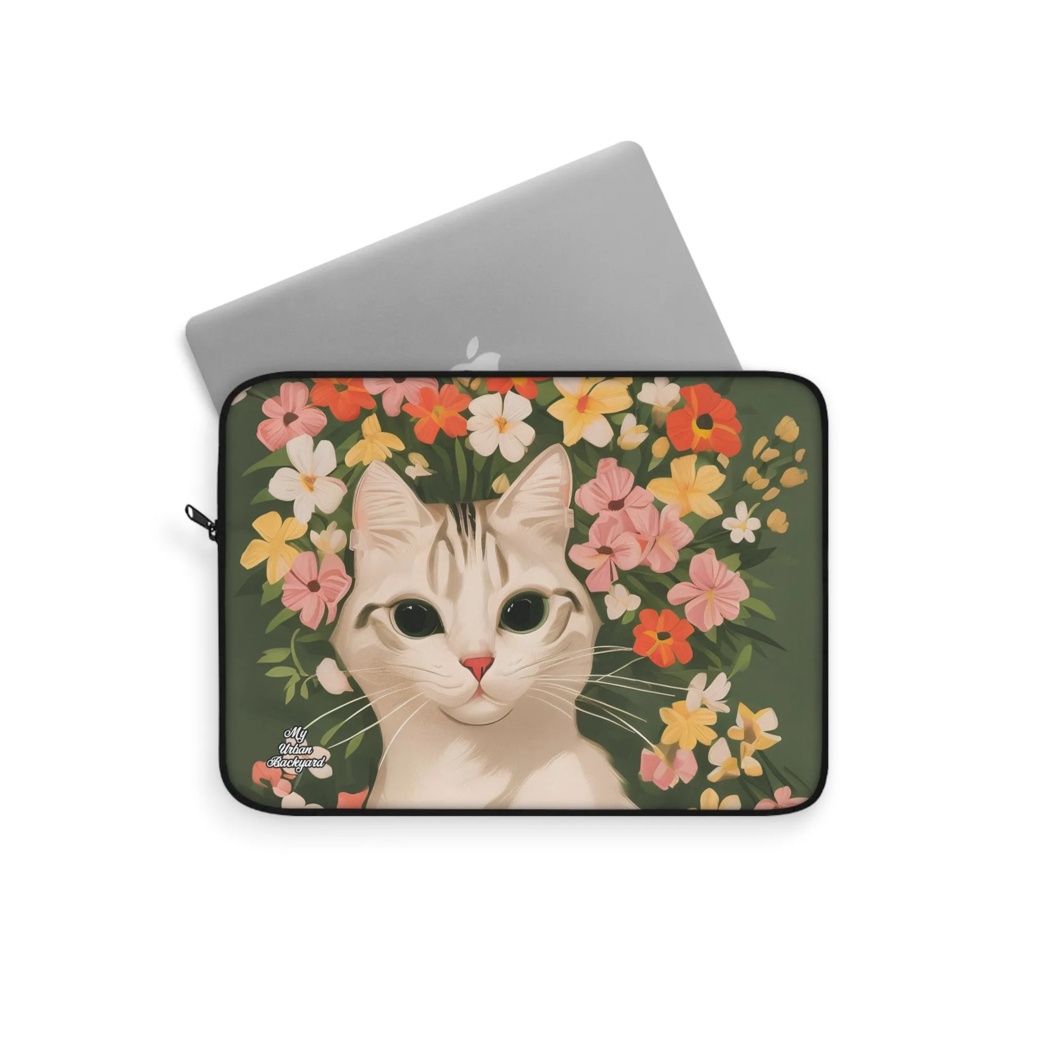 White Cat with Flowers, Laptop Carrying Case, Top Loading Sleeve for School or Work